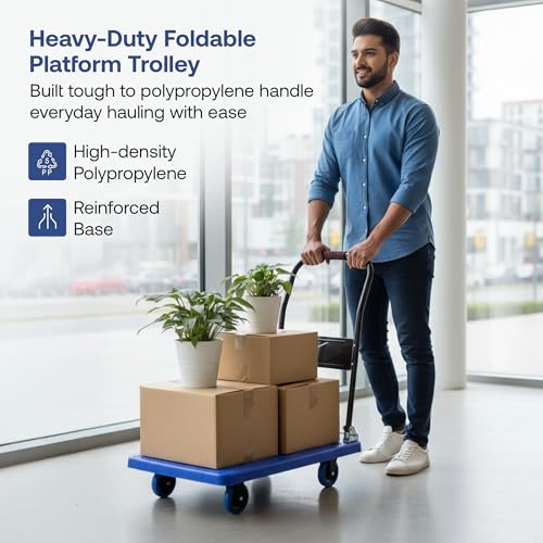 Image of BonKaso 300Kg Heavy-Duty Foldable Platform Trolley | Plastic Hand Truck with 4 Wheels & Cushioned Grip Handle | Durable Material Cart for Home, Office, Warehouse & Industrial Use (90x60x86cm, Blue)