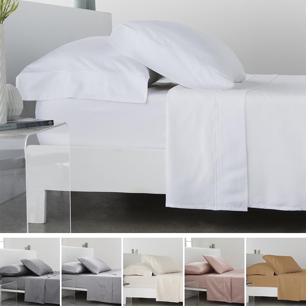 COTTON ARTean Juego de sabanas de Saten Algodon Egipcio DE 300 Hilos Blanco Cama de 150 x 190/200. 100% Algodon Egipcio Blanco.