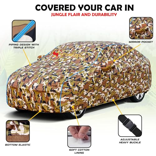 Image of Scorpion 100% Waterproof Car Cover for All Weather Protection with Mirror Pocket Inner Cotton Layer Triple Stitched Cover with Adjustable Belt Bottom Elastic to Secure Fit -Jungle
