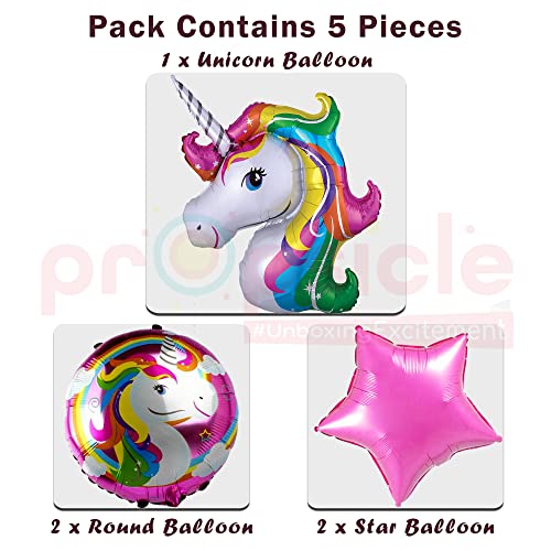 Image of Propsicle Pink Unicorn Birthday Foil Balloon Rainbow Color Pack of 5 Balloons Decoration Set for Baby Birthday | Theme Party Supplies Item