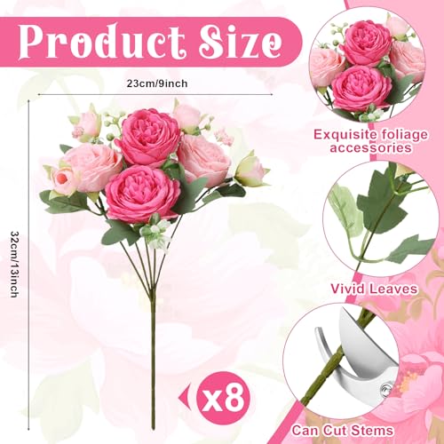 Image of 8 Pack Pink, Hot Pink Peonies Artificial Flowers, Fake Silk Hydrangea Bouquet for Bridal Wedding Home Table Decor Reusable Dining Opening Ceremony Birthday Arrangement Faux Floral