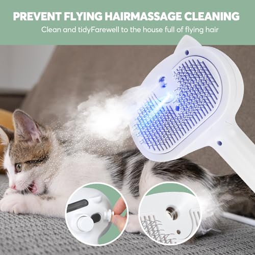Image of Cat Steam Brush, 4 In 1 Steamy Cat Hair Brush Self-Cleaning Cat Brush for Shedding Pet Hair Grooming Brush with Release Button, Water Tank and Spray for Cats Dogs (White)