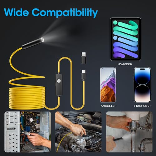 Image of Endoscope with Light, 1920P HD Borescope with 8 Adjustable LED Lights, Semi-Rigid Snake Camera, IP67 Waterproof Inspection Tool for iPhone & Android - 9.8FT-Single Lens (Yellow)