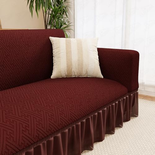 Image of Lukzer 1 Seater Jacquard Sofa Cover with 360 Frill Skirt - Pastel Deep Maroon Grid Maze | 240 GSM Stretchable Anti-Slip Fully Covered Universal Couch Cover for Living Room (90-140CM /SC-109-01F)