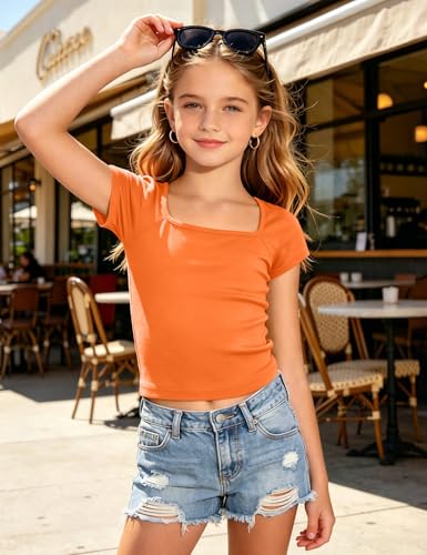 Image of Crop Tops for Girls Short Sleeve Shirt Girls Summer Tops Square Neck Slim Fit Tops Basic Tee