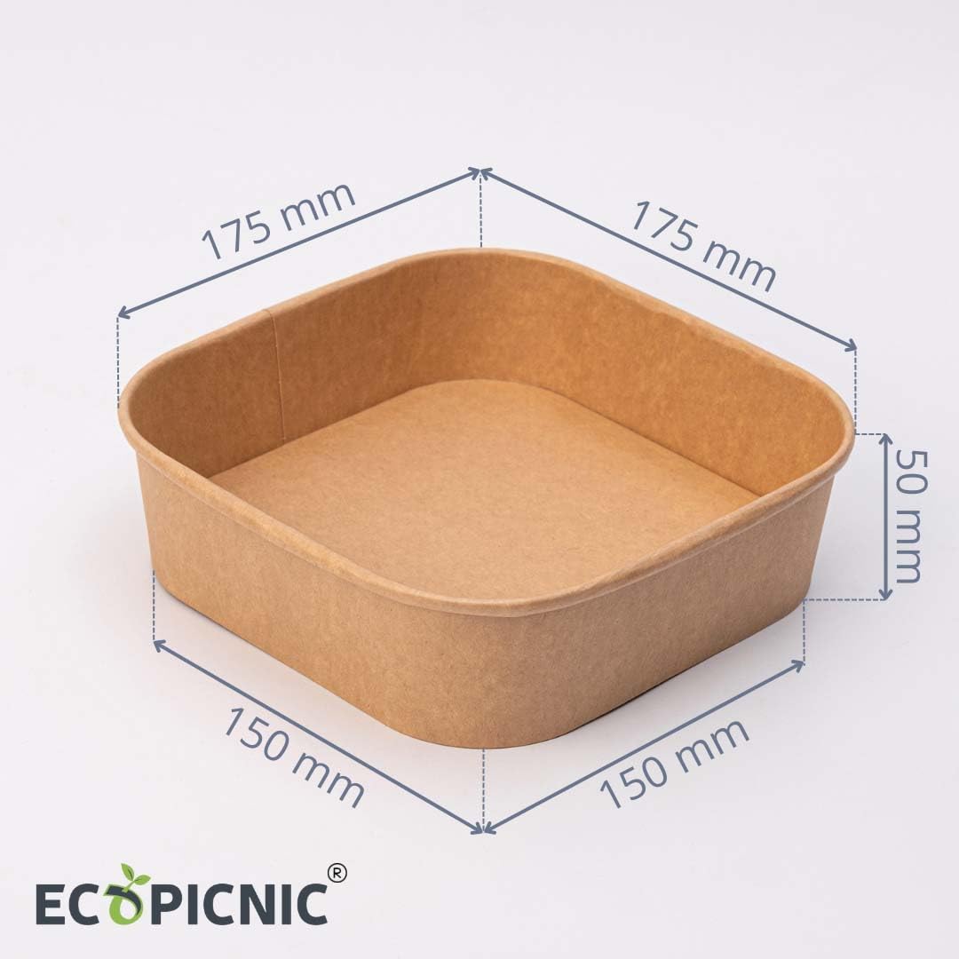 Lot de 50 saladiers carré 1000 ML jetables | Barquettes Alimentaires sans Couvercle pour salades, Repas à emporter, Plats Chauds ou froids, Emballage écologique en Carton