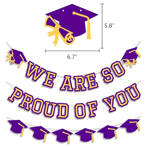 Image of We Are So Proud Of You Banner Graduation Party Decorations Congrats Grad Cap Garlands Wall Sign Purple Yellow