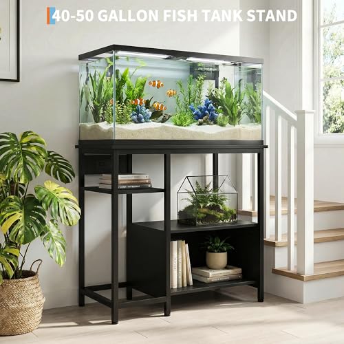 Image of Garvee 40-50 Gallon Fish Tank Stand with Power Outlets | Heavy Duty Metal and Wood Aquarium Stand with 4-Tier Open Storage Shelves and Sturdy L