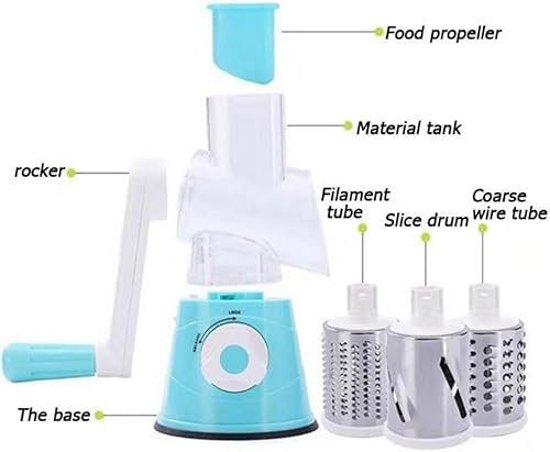 Miniatura 7 de Rallador giratorio de queso, trituradora de queso redonda de velocidad manual con 3 cuchillas intercambiables, cortador de mandolina, molinillo de