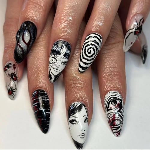 24Pcs Gothic Press on Nails Medium Almond Fake Nails Punk Cartoon Anime Design Black White Full Cover Glue on Nails Horror Gothic Designs French False Nails for Women Girls Acrylic Manicure Decor