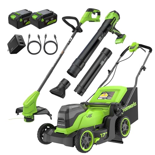 Image of Greenworks 48V (24V x 2) 17 inch Brushless Push Mower + 270 CFM /130MPH Blower + 12 inch String Trimmer Combo with (2) 4.0Ah Batteries, 65W Type-C Charger & (2) 3-ft Cables