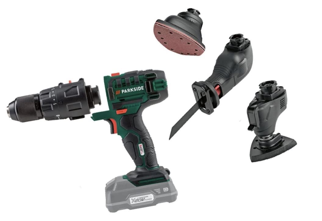 Kompernass Parkside Black Parkside 4In1 20V Cordless Combination Tool Drill/Driver, Multi-Sander, Reciprocating Saw And Multifunctional Device Quick, Tool-Free Attachment Change With Battery & Quick Charger