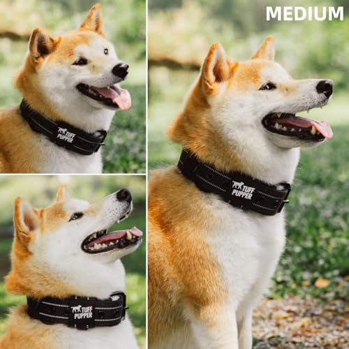 Image of Tuff Pupper Heavy Duty Tactical Dog Collar | 1.5 inch Wide Ballistic Nylon | Reflective Stitching | Integrated ID Tag Holder | Stainless Steel Buckle | Padded Lining | Medium & Large Dogs (Black, Medium)