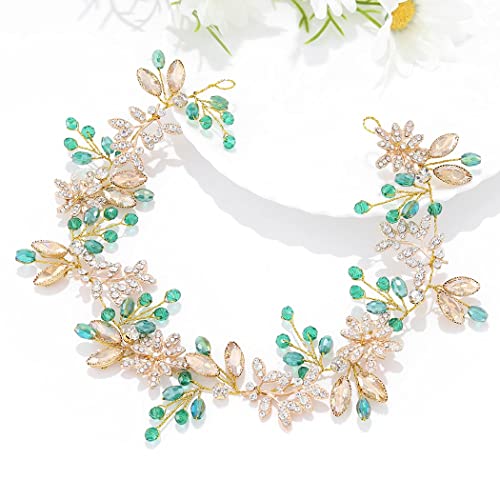 IYOU Crystal Bridal Hair Vine Green Rhinestone Wedding Headband Leaf Headpiece Prom Guest Hair Accessories for Brides and Bridesmaid - Image 2