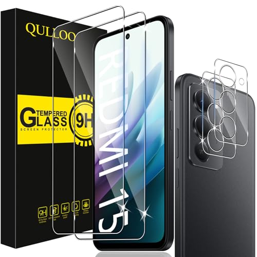 QULLOO Vetro Temperato per Xiaomi Redmi 15 4G / 5G, 2 Pezzi Pellicola Vetro Protettiva e 2 Pezzi Pellicola Fotocamera, Durezza 9H Anti Graffio HD Trasparente Vetrino Protezione Schermo