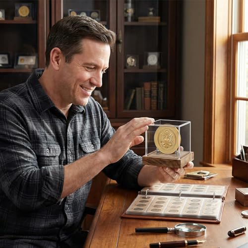 Image of Hooqict Coin Display Case Clear Acrylic Military Challenge Coin Case Display Box UV Protected with Wood Base & Alloy Holder Single Stand for Collectors Medal Poker Chip Collectibles