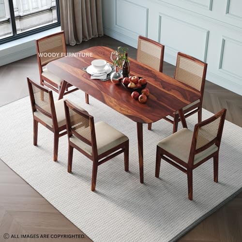 Image of WOODY Furniture Solid Sheesham Wood Dining Table 6 Seater Set | Rattan Six Seater Dinning Table with 6 Cushioned Chairs for Home | Wooden Kitchen Dinner Table 6 Seater| (Honey Finish)