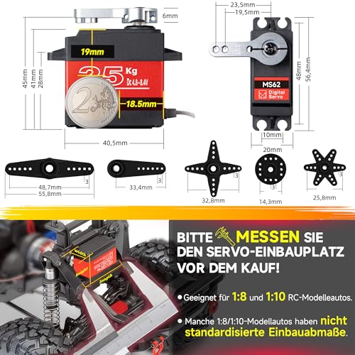 Miuzei Digital Servo 25kg Lenkservo Wasserdicht High Torque Metallgetrieb 270 Grad Servo+motor für mini Rc Auto 1/8 1/10 1/12 Robot Plane Boot mit 25T Horn Servokabel Schrauben 2 Stück