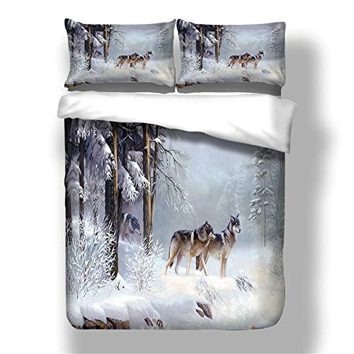 DOTBUY 3D Parure de lit, 3 pièces Housse de Couette Microfibre Confortable Ensemble de Literie Chambre à Coucher Élégant Classique Lit Imprimé Taies d'oreiller (200x200cm, Loup d'hiver) Cover