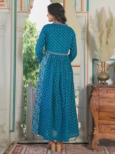 Image of Vbuyz Women's Floral Print Anarkali Cotton Aqua Blue Stitched Kurta | Anarkali Kurti for Women | Kurta for Women