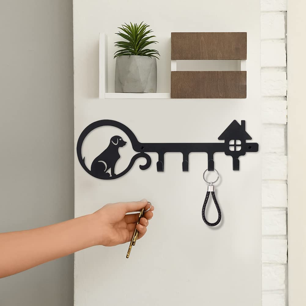 SwirlColor Key Hooks Wall Mounted, 4 Hooks Dog and House Decorative Key Holder for Wall Door Room Kitchen Black Wall Hook - Image 4