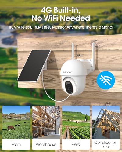 Image of ARCCTV 4G LTE Cellular Security Camera Outdoor, Wireless Solar Powered, no WiFi, SIM Card Included, 4MP Color Night Vision, 360 Pan-Tilt, Local /Cloud Storage