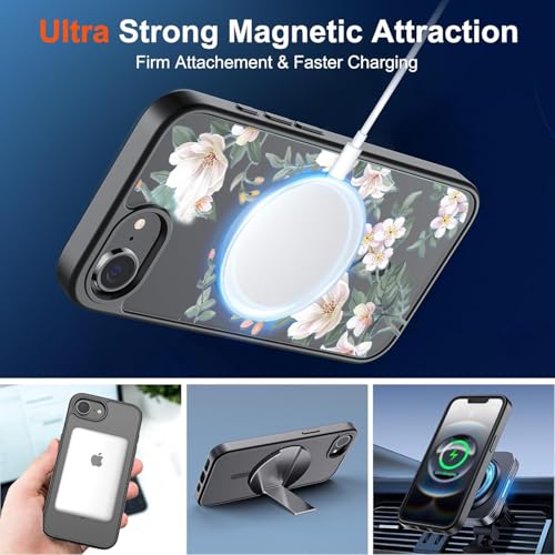 Image of VONZEE Compatible with iPhone 17e / iPhone 16e /SE4 Case, Luxury Retro Flowers Floral Clear for Magnetic Wireless Charging Case PC+TPU Cute Glossy Shiny Cover for Girls Women, Black