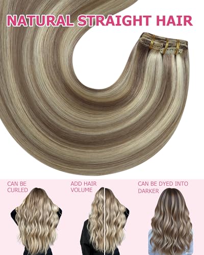 Image of YoungSee Human Hair Clip in Extensions Light Brown with Blonde Highlights Clip-in Hair Extensions, Short Straight Hair Extensions Clip ins for First-time Users 12 Inch 7Pcs 85G