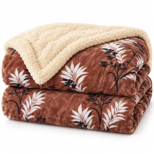 Image of BSB HOME Premium Flannel Fleece Blanket with Sherpa Reverse, 280 GSM Soft Plush Reversible Floral Blanket, Warm Cozy Winter Blanket for Bed, Sofa & Couch, 90 x 100 Inches (228 x 254 cm) - Rust Brown