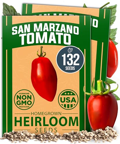 Image of HOME GROWN San Marzano Tomato Seeds 132+ Heirloom Non-GMO Seeds for Planting, High Germination, Indeterminate Roma Paste Tomato, Meaty Low Acid, Best for Sauce & Canning (Solanum lycopersicum)