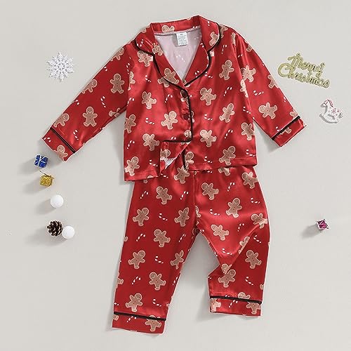 Kids Girls Boys Christmas Pajamas Santa Claus Cookie Satin Silk 2 Piece Pajama Set Short/Long Sleeve Sleepwear (Gingerbread Red, 12-18 Months)2