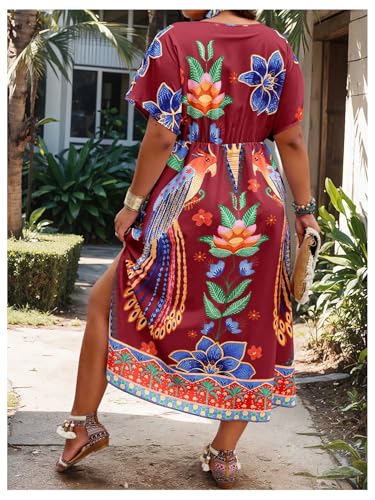 Image of Floerns Women's Plus Size Tribal Print Dolman Sleeve Slit Summer Maxi A Line Dress