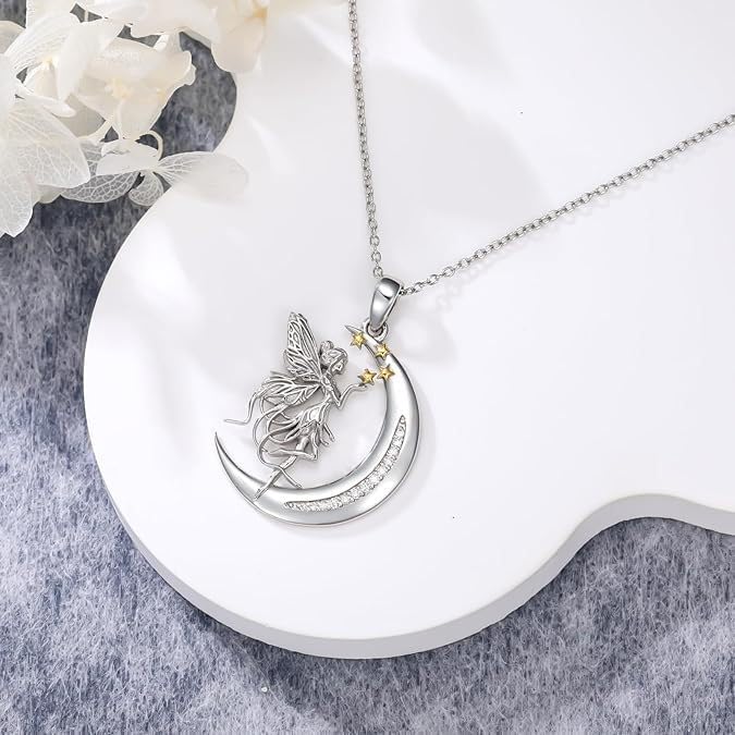 Magical Fairy Moon Star Necklace for Women - Enchanted Celestial Elf Pendant with Angel Wings and Sparkling Crystal Womens Crescent Fantasy Jewelry Gifts Whimsical Christmas Birthday Gift - Image 2