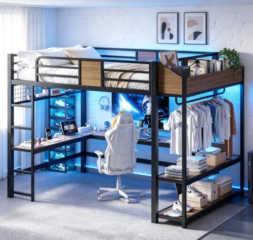 Image of Bellemave Queen Size Loft Bed with Desk and USB Ports, Clothes Hanging Rod, LED, Metal Full Loft Bed Frame for Adults, Kids, Teens, Black