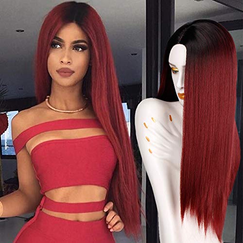 ForQueens Long Ombre Red Wig Straight Hair Wigs for Women Wine Red Synthetic Cosplay Wig Middle Part Heat Resistant Fiber