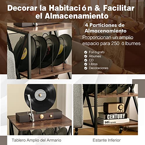 COSTWAY Mesa Auxiliar de 3 Niveles, Mesillas de Noche Soporte de Vinilo Rústico con 3 Divisores, Estante de Exhibición de Acero & Ruedas Bloqueables para Sala de Estar, Dormitorio - imagen 5