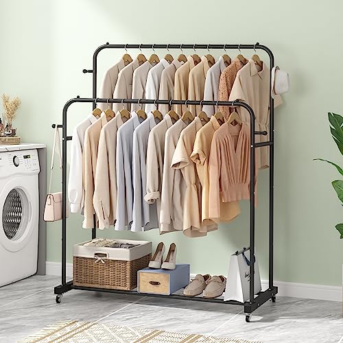 Laiensia-Double-Rods-Garment-Rack-with-Wheels-Clothing-Rack-for-Hanging-Clothes4-Hooks-Multi-functional-Bedroom-Clothes-Rack-Black