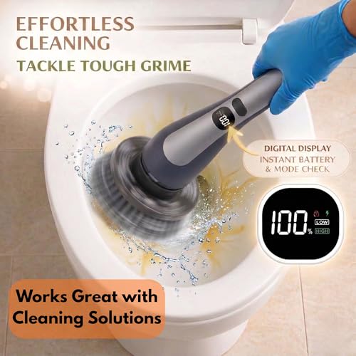 Image of LIVINGPRO Electric Spin Scrubber for Bathroom Cleaning, Cordless Power Scrubber with 70W Dual Speed Motor, LCD Display, IPX7 Waterproof, Adjustable Handle, 7 Brush Heads for Tub Tile Shower Kitchen
