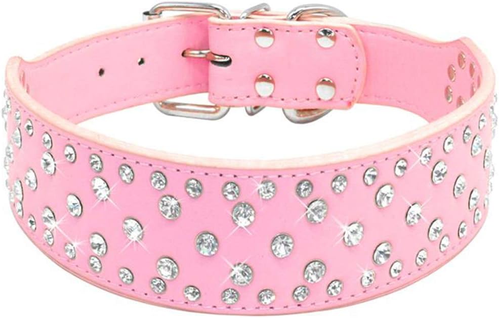 SOCHII Fashion Jeweled Rhinestones Pet Dog Collars Sparkly Crystal Diamonds Studded PU Leather Collar for Medium & Large Dogs Pitbull Pink M