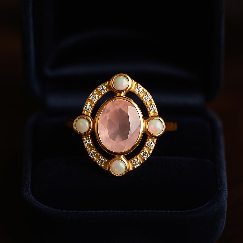 Oval Pink Rose Quartz Engagement Ring for Women in 14K Yellow Gold Opal & Diamond Halo Vintage Art Deco Ring Statement Promise Anniversary Jewelry Gift for Her