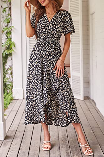 Image of PRETTYGARDEN 2023 Women's Floral Summer Dress V Neck Short Sleeve Ruffle Hem A-Line Boho Maxi Dresses