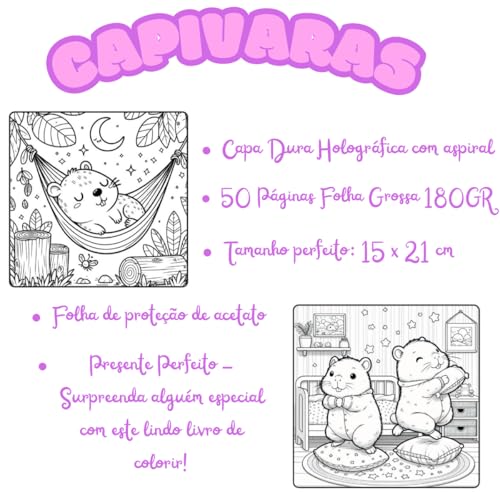 Livro De Colorir Capivaras Capa Dura 50 Páginas Folha Grossa 180g A5 - Presente Para Crianças E Adul