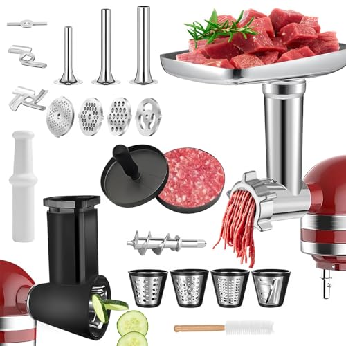 Fleischwolf Aufsatz für KitchenAid, Komplettset inkl. 4 Scheiben + 3 Wurstfüllen + Burgerpresse - Râ€¦ – Miniatur