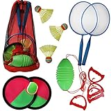 High Bounce Badminton Racquet Sports Combo Set - 3 in 1 Hook and Loop Catch Speed Ball, Badminton, Slide N Pull, in Mesh Carry-On Bag