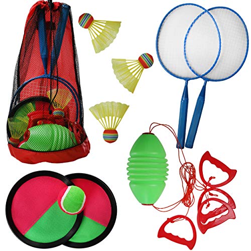 High Bounce Badminton Racquet Sports Combo Set - 3 in 1 Hook and Loop Catch Speed Ball, Badminton, Slide N Pull, in Mesh Carry-On Bag