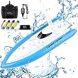 Seamuing Barco Teledirigido, Barcos de Control Remoto Lancha Radiocontrol Electrico de 2.4 GHz con 3 Baterías Recargables para Niño Niña (Azul Lancha RC)