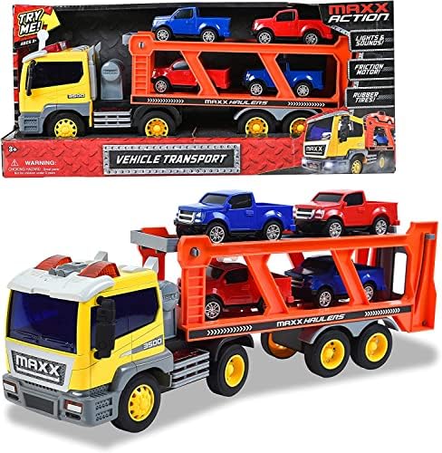 Sunny Days Entertainment Long Haul Vehicle Transport – Lights and Sounds Pull Back Toy Vehicle with Friction Motor | Includes 4 Die Cast Pick Up Trucks – Maxx Action