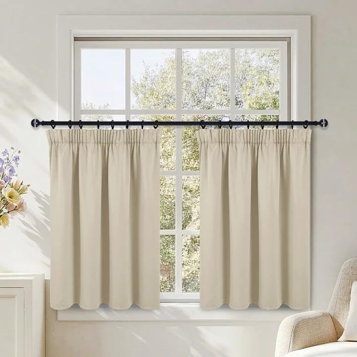 DWCN Juego de 2 cortinas de cocina, opacas, con cinta fruncida, 90 x 117 cm (alto x ancho), térmicas, protección contra el frío, cortinas opacas para ventanas, rieles, cortinas de armario, color beige