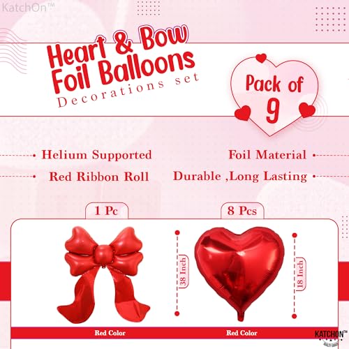 Image of KatchOn Red Heart & Bow Foil Balloons Set, Pack of 9 | Valentines Day Decorations Party | Heart Shaped Balloons Red Bow Balloons | Valentine Decorations | Valentines Day Balloons