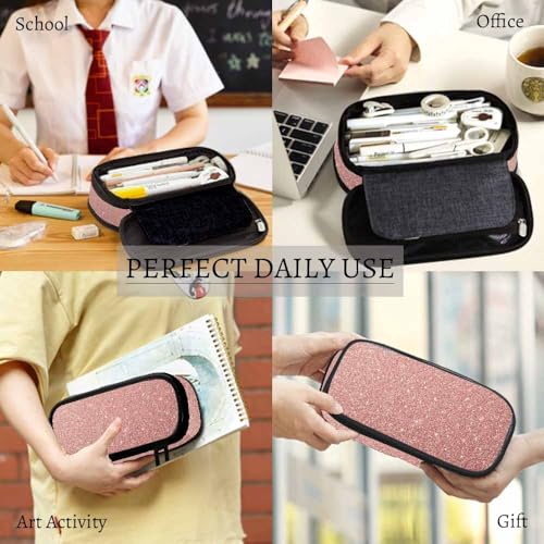 Image of Yekiua Pink Glitter Pencil Holder Shiny Bling Big Capacity Pencil Case Multi-Purpose Makeup Pouch For Office College Adult Rose Gold